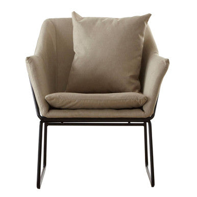 Beige upholstered stockholm stone armchair with black metal frame and matching cushioned pillows for comfy seating