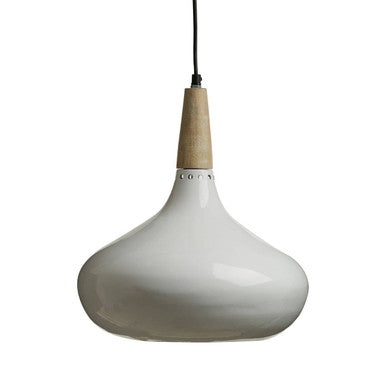 Stockholm white curved pendant light with a white ceramic curved pendant and natural wood accent at the top