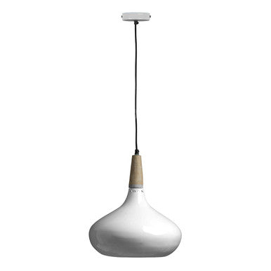 White curved pendant light with a ceramic shade and wooden accent top perfect for modern decor