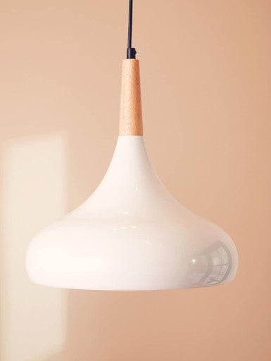 Stockholm white curved pendant light with white ceramic shade wooden top and black cord for stylish lighting