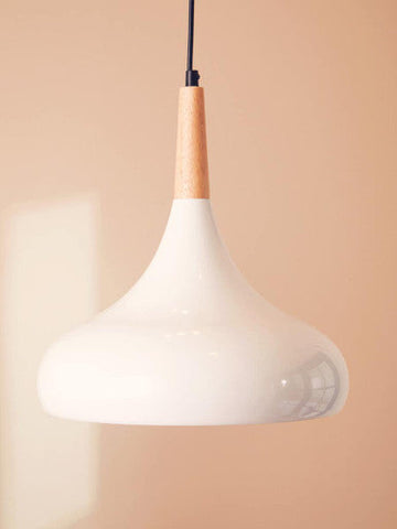 Stockholm white curved pendant light with white ceramic shade wooden top and black cord for stylish lighting