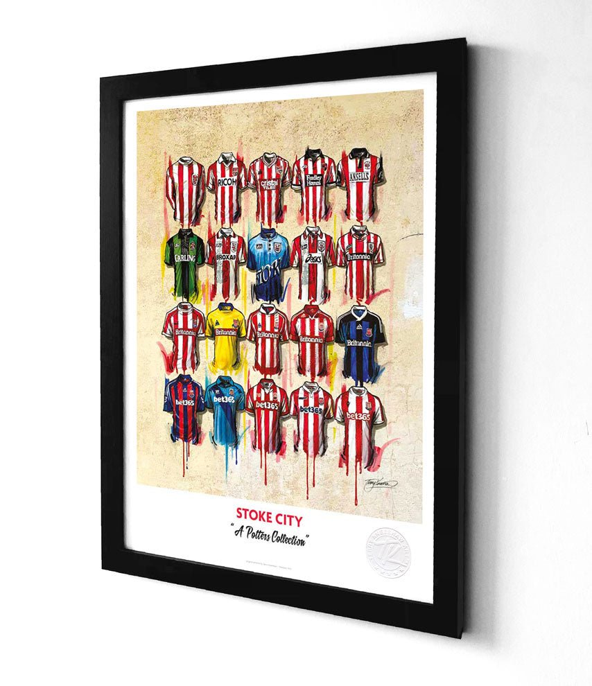 A framed print by an award-winning UK artist displaying Stoke City football shirts in various colors and designs