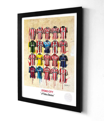 A framed print by an award-winning UK artist displaying Stoke City football shirts in various colors and designs