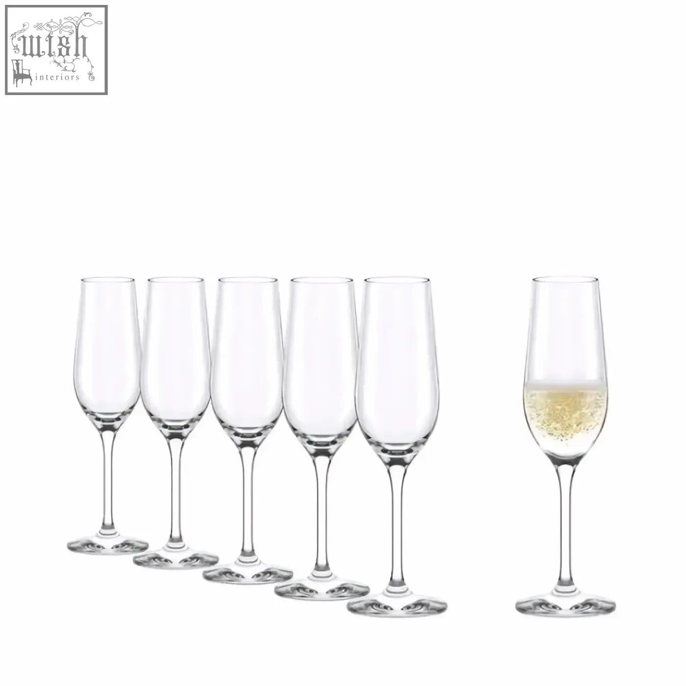 A set of six clear stolzle event champagne flutes with slender stems perfect for formal toasts