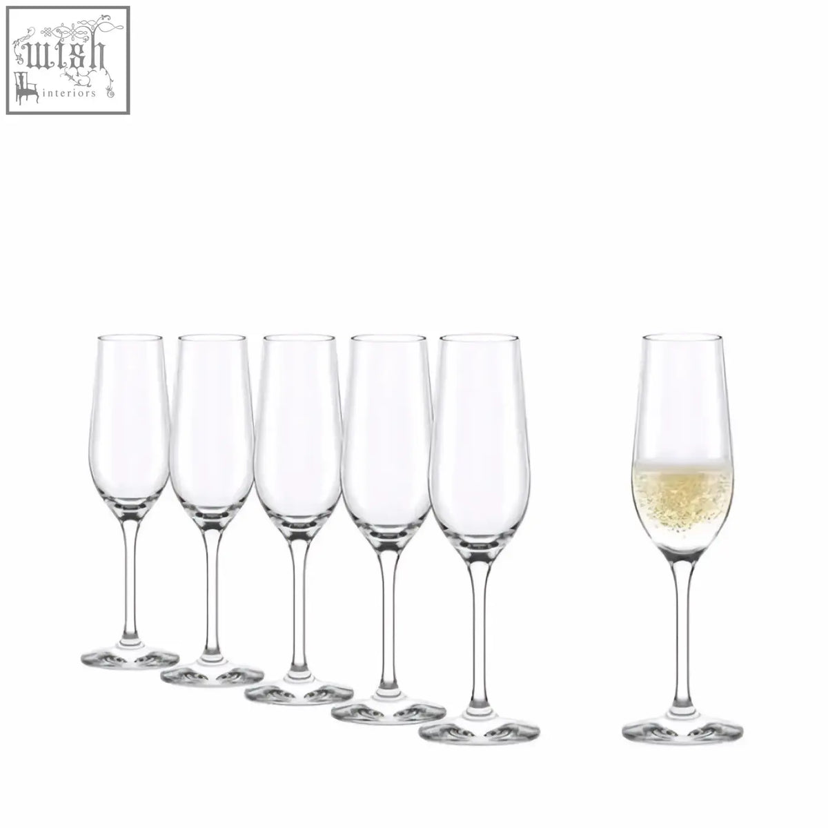 A set of six clear stolzle event champagne flutes with slender stems perfect for formal toasts
