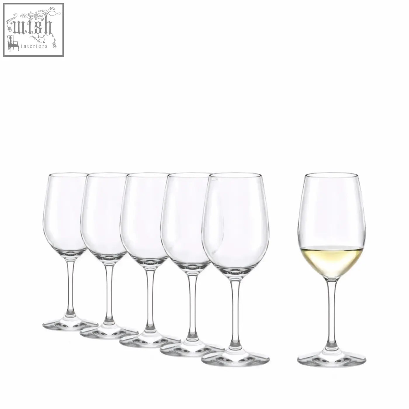 A stolzle event white wine glass with a narrower bowl and slender stem filled with pale yellow white wine set of 6