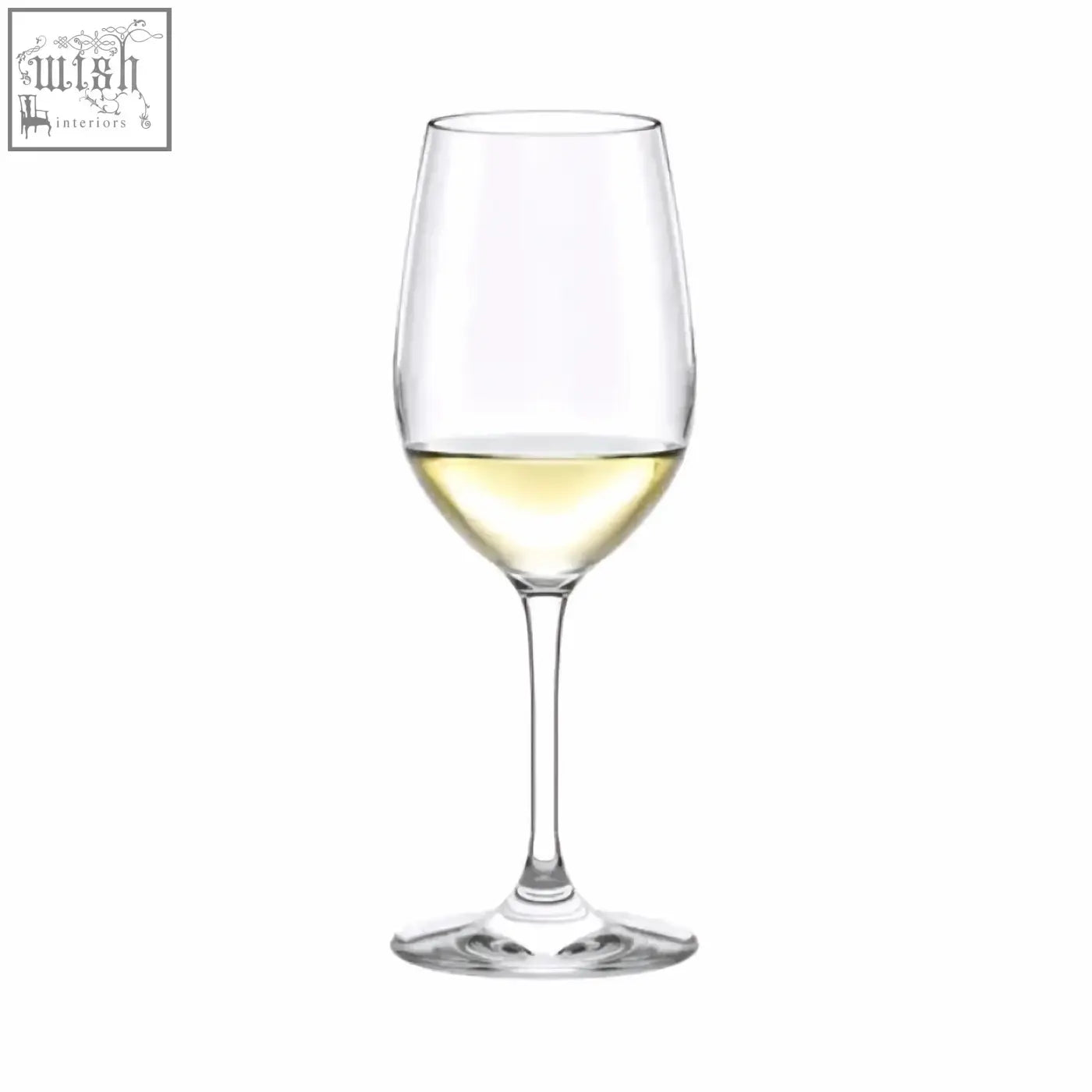 Clear crystal stolzle event white wine glass with narrower bowl and delicate flavours filled halfway with pale yellow wine