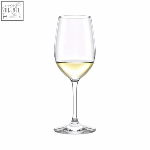 Clear crystal stolzle event white wine glass with narrower bowl and delicate flavours filled halfway with pale yellow wine