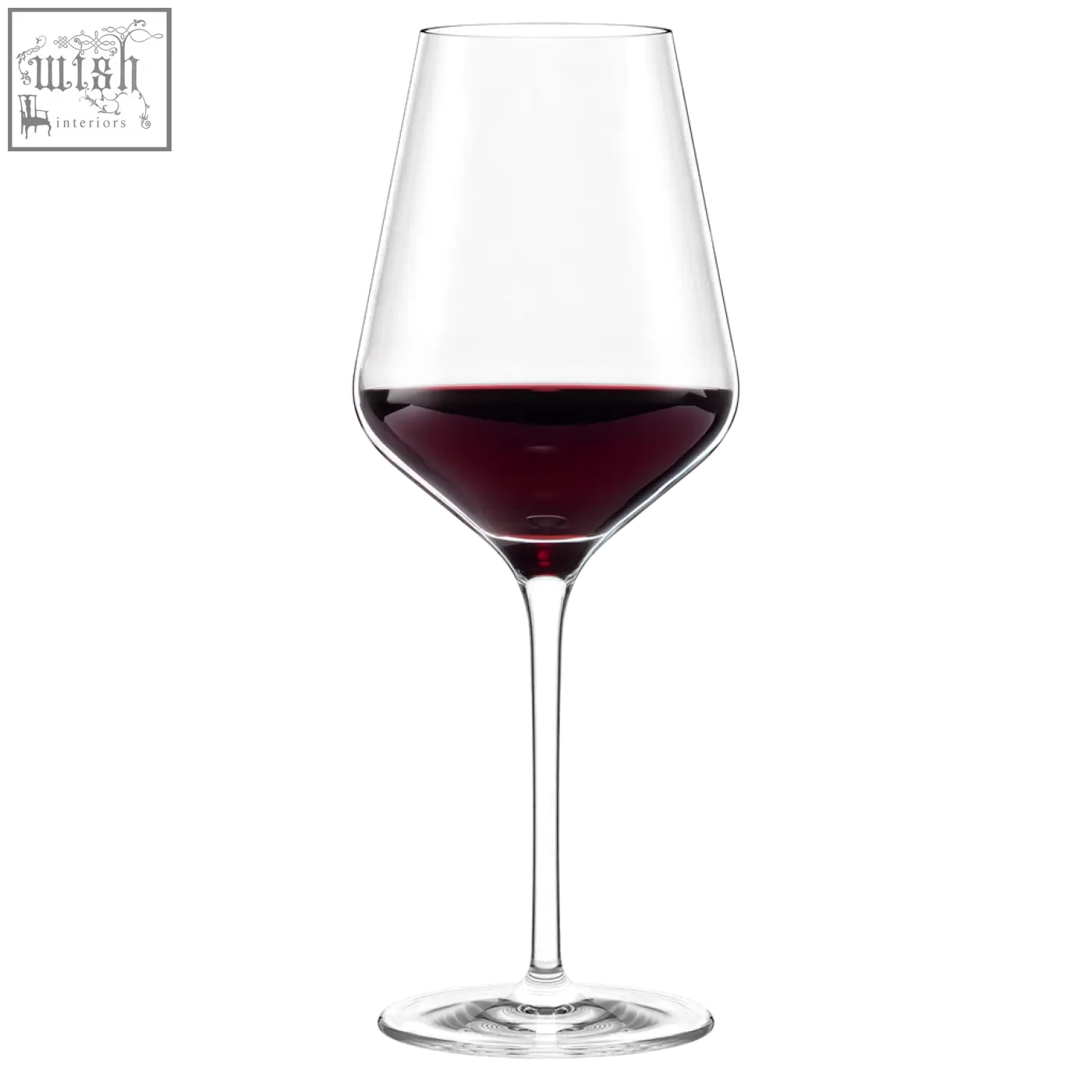 A clear stolzle lausitz quarto phil red wine glass with a slender stem and wide bowl filled with deep red wine