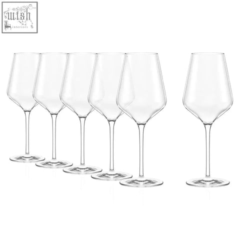 Set of six clear Stolzle Lausitz Quatrophil red wine glasses with slender stems and wide bowls for red wine