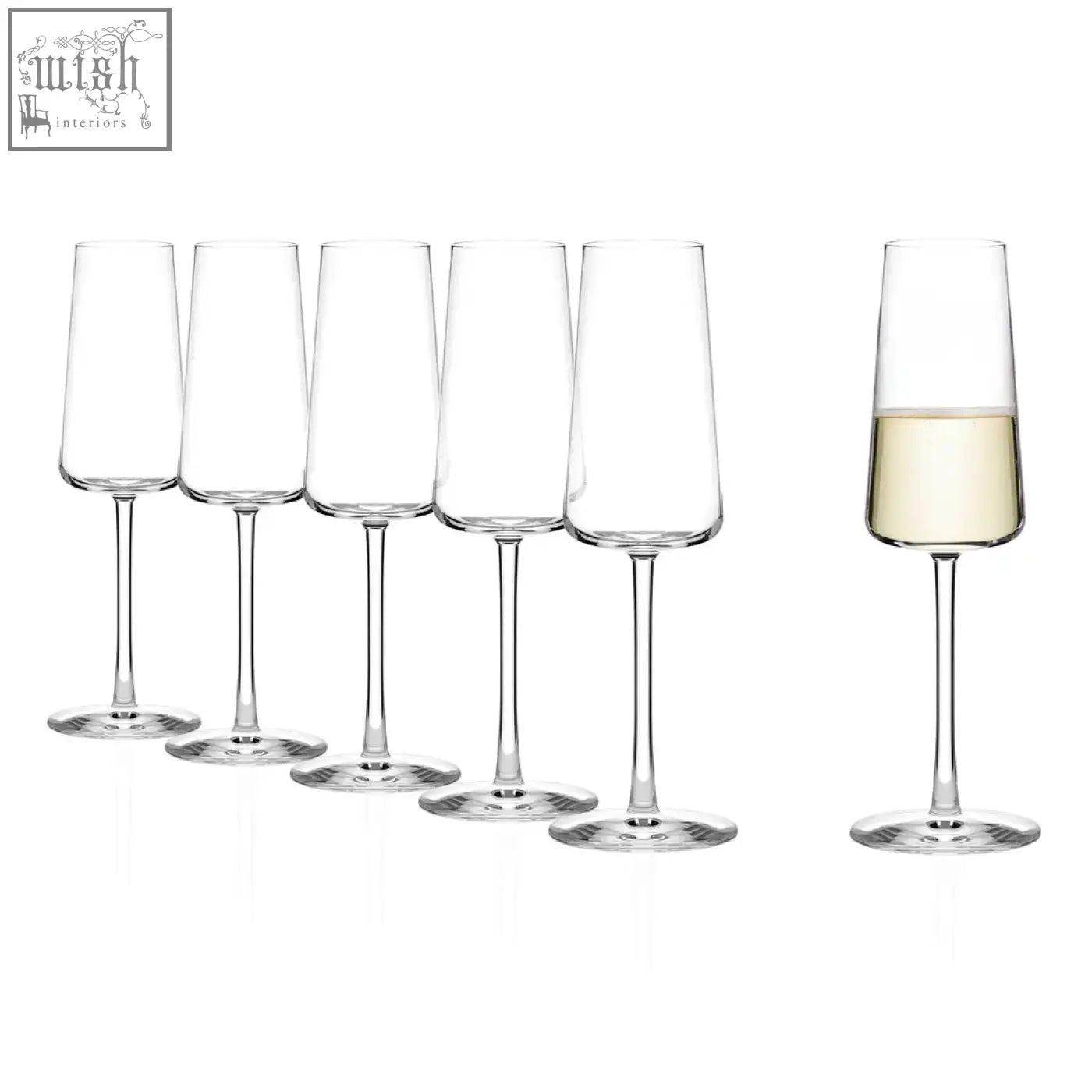 Set of five stolzle power champagne glasses with brilliant clarity lead-free crystal and pulled stem one filled with pale yellow liquid