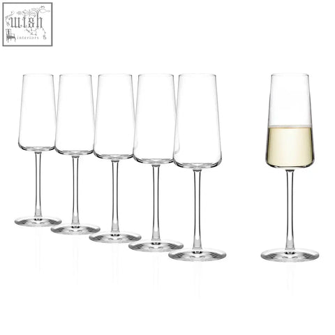 Set of five stolzle power champagne glasses with brilliant clarity lead-free crystal and pulled stem one filled with pale yellow liquid