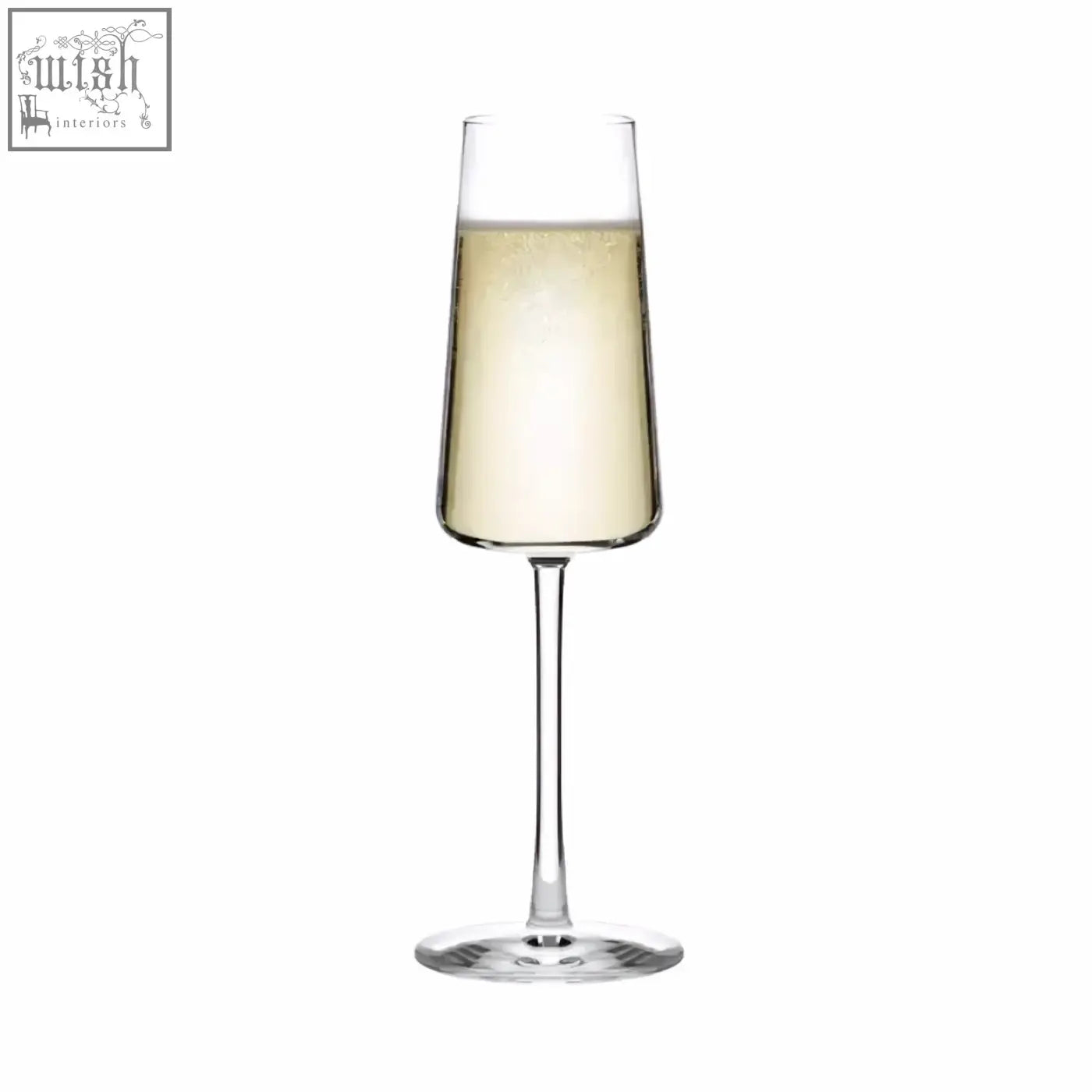 A clear stolzle power champagne flute with brilliant clarity made of lead-free crystal with a pulled stem filled with bubbly