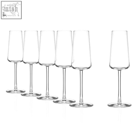 Set of six clear lead-free crystal champagne flutes with brilliant clarity and refined bowl by Stolzle Power