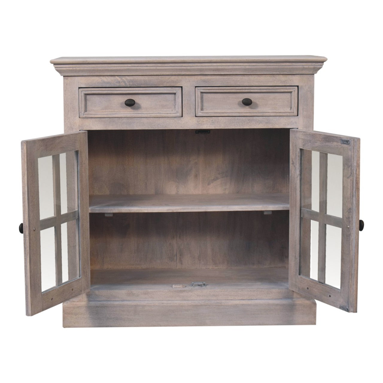 Gray distressed wood stone finish cabinet with glazed doors and two top drawers for stylish storage