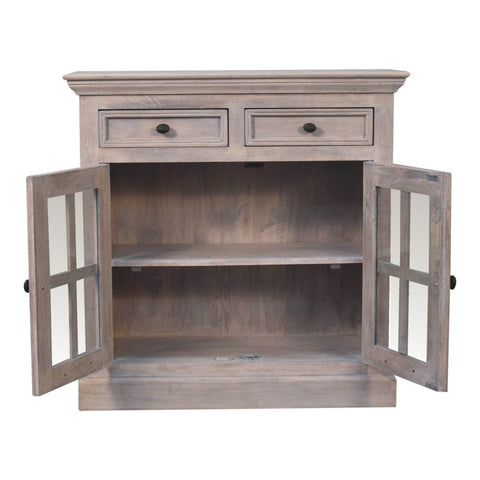 Gray distressed wood stone finish cabinet with glazed doors and two top drawers for stylish storage