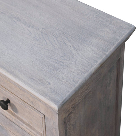 Gray distressed wood nightstand with black metal drawer pull and stone finish glazed doors chest of drawers