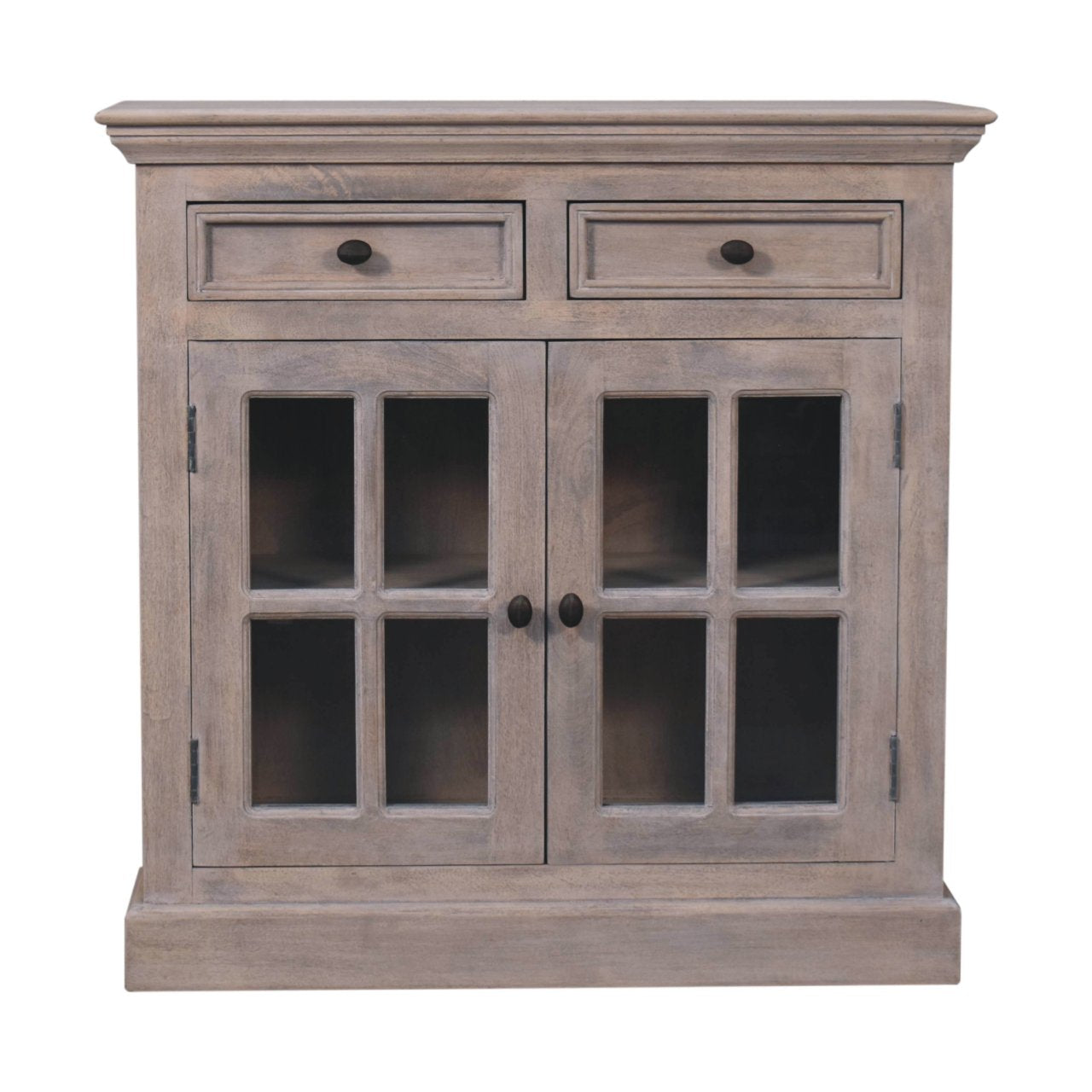 Gray distressed stone finish cabinet with glazed doors and dark round knobs featuring two drawers and glass panes