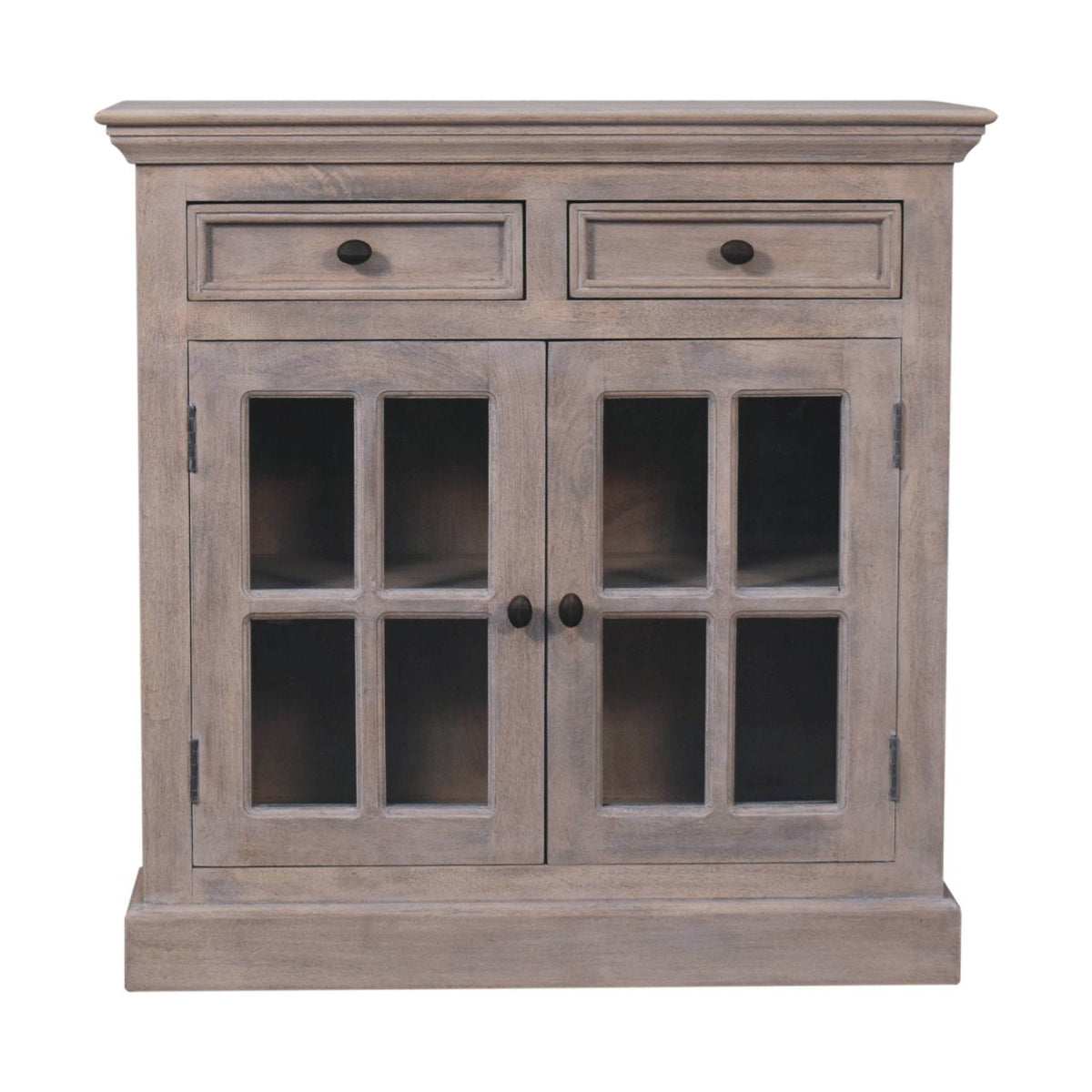 Gray distressed stone finish cabinet with glazed doors and dark round knobs featuring two drawers and glass panes