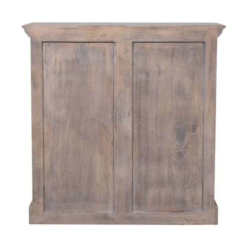 Rustic gray wooden stone finish cabinet with glazed doors and two panel doors with raised rounded top edge