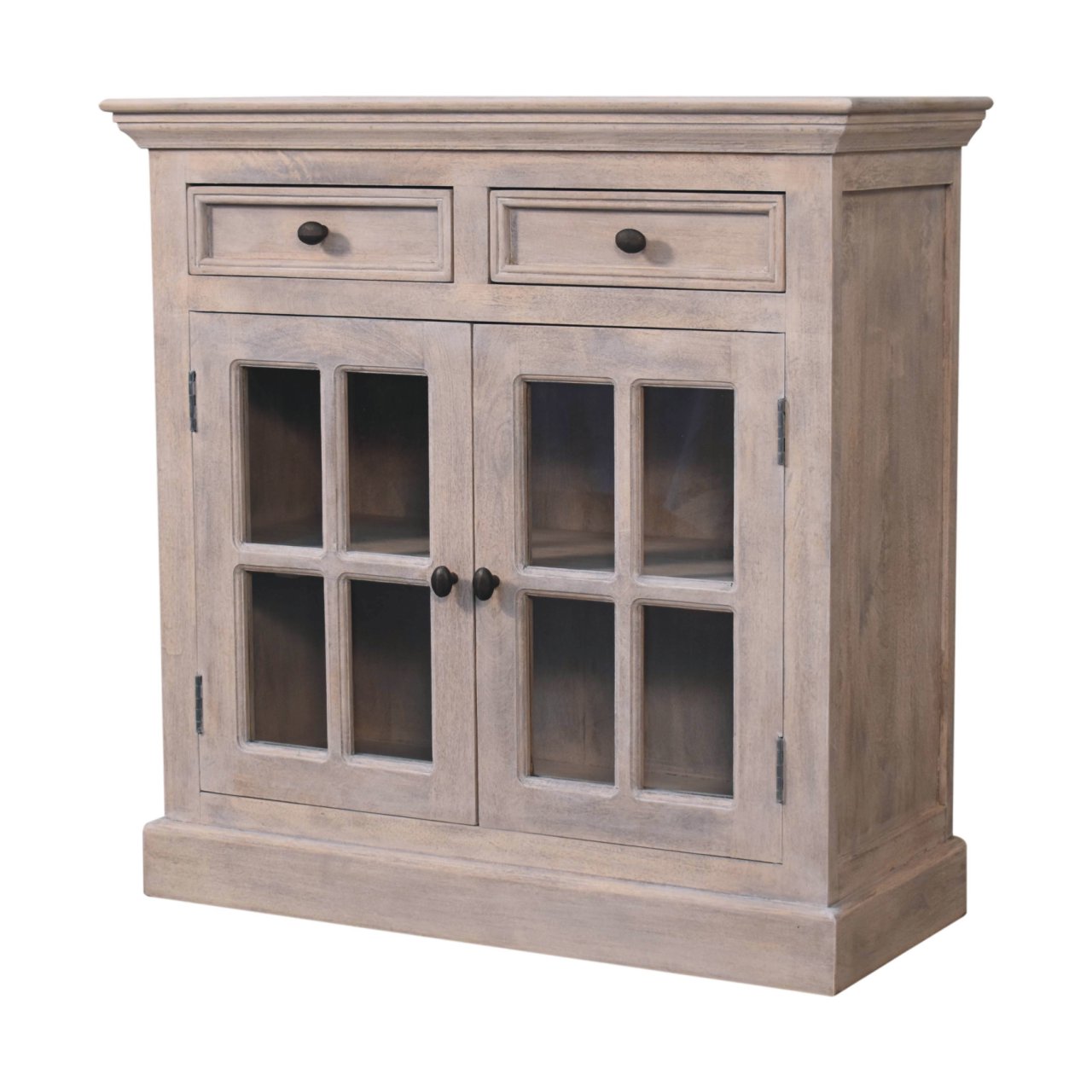 Stone finish cabinet with glazed doors and small drawers in rustic gray wood with dark metal knobs