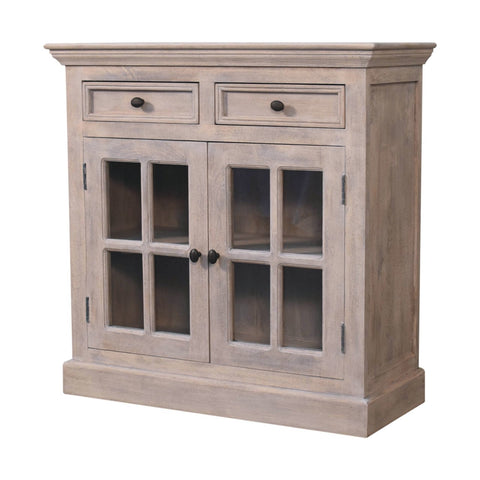 Stone finish cabinet with glazed doors and small drawers in rustic gray wood with dark metal knobs