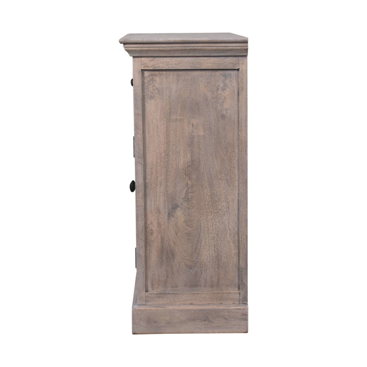 Rustic gray wood nightstand with stone finish and glazed doors featuring two black round knobs for storage