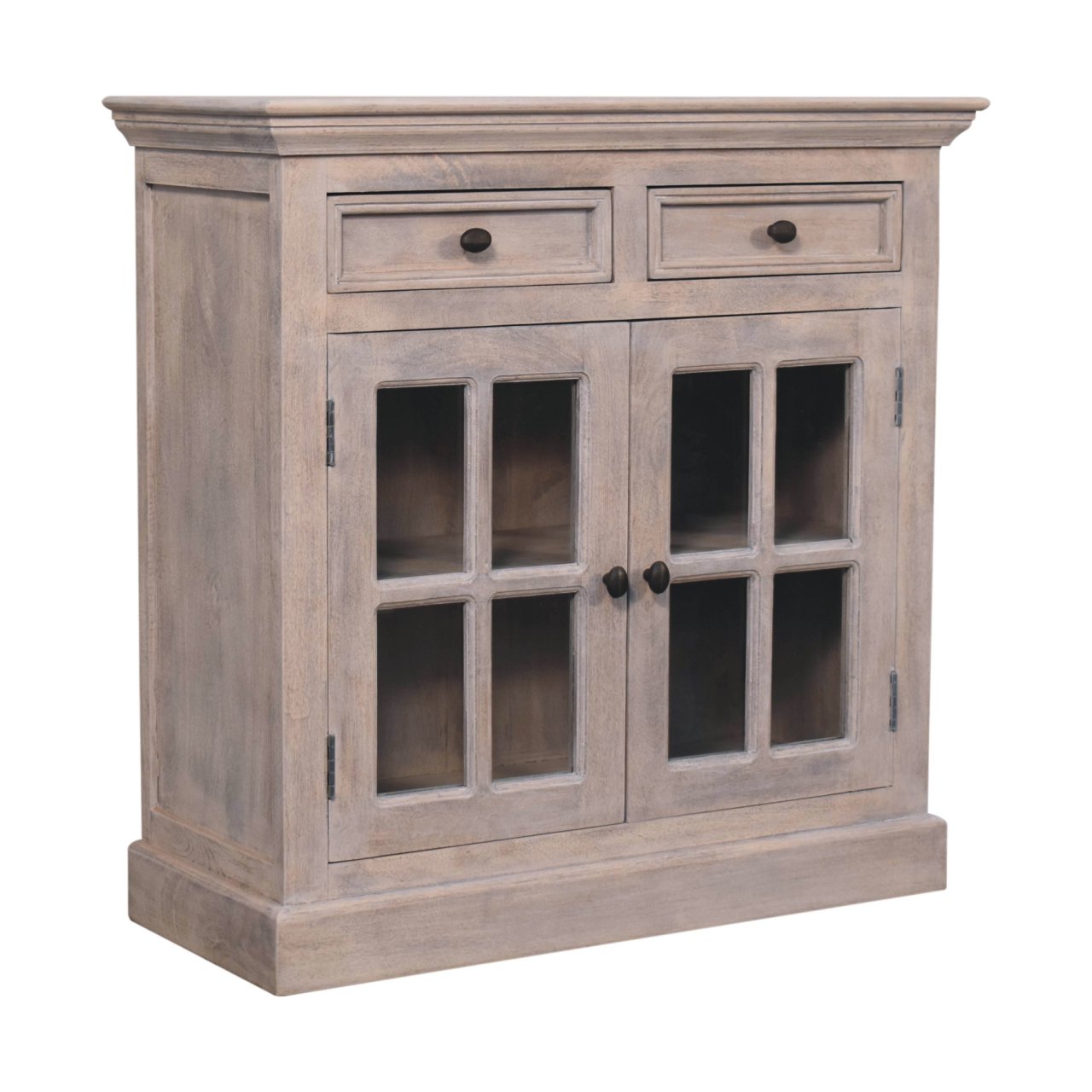 A rustic gray stone finish cabinet with glazed doors and two drawers featuring dark metal knobs
