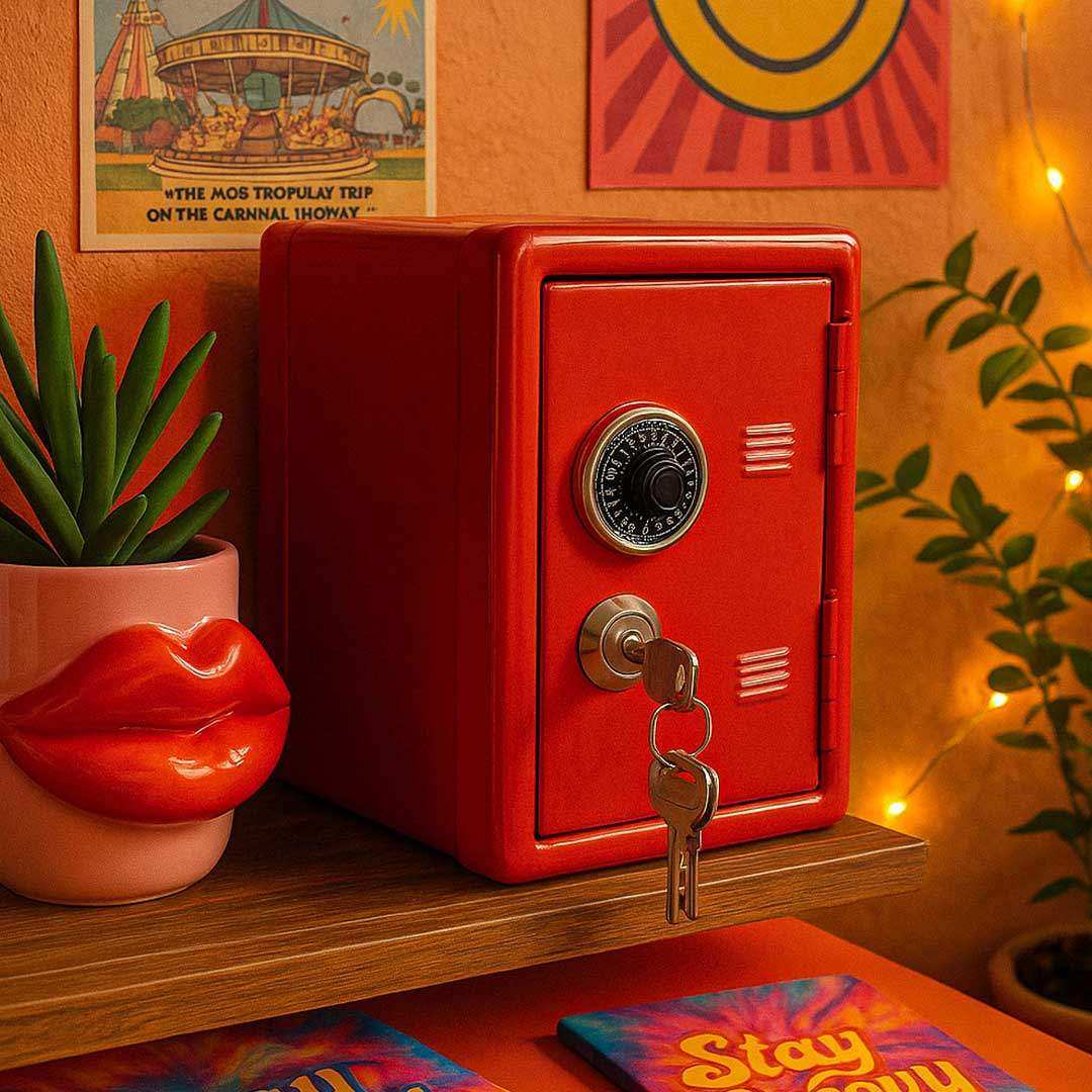 Vibrant red mini storage locker with circular combination dial metallic keyhole and retro locker-style vents