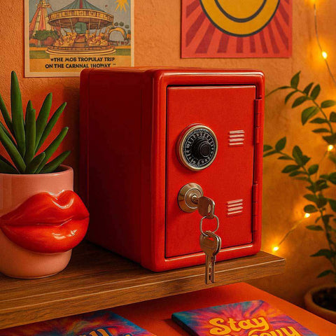 Vibrant red mini storage locker with circular combination dial metallic keyhole and retro locker-style vents