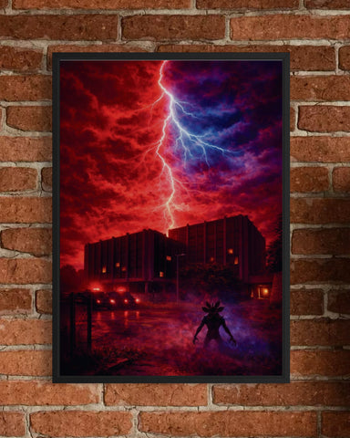 Black-framed stranger things poster with dramatic red and blue lightning over a building featuring goku silhouette