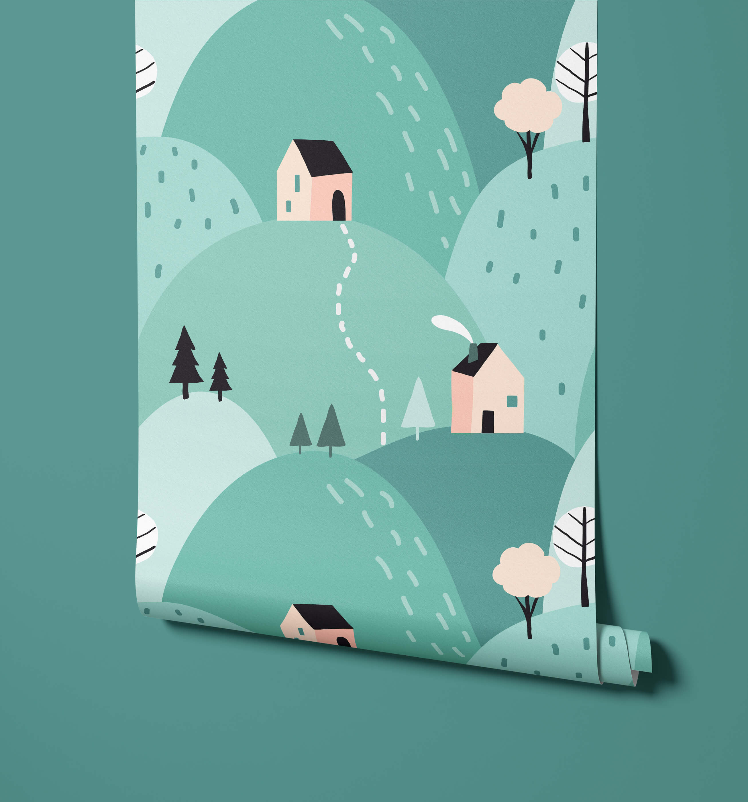 A roll of stowe wallpaper with teal and pink minimalist houses trees and hills illustrated in a stylish design