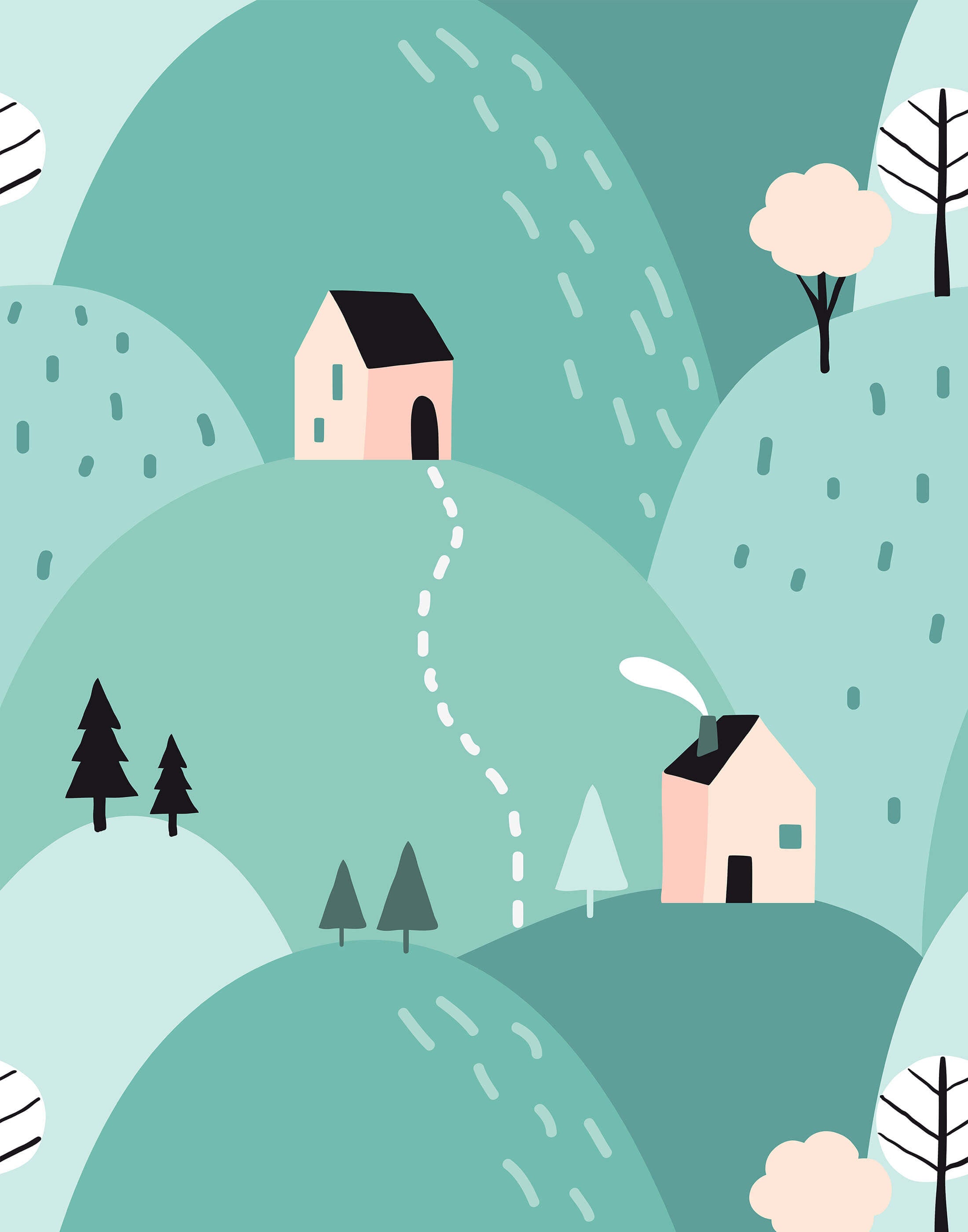 Pastel pink houses with black roofs on rolling green hills in stowe create a cozy village scene