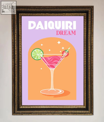 A vibrant pink strawberry daiquiri framed print featuring a cocktail in a martini glass with lime and strawberry garnish
