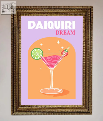 A vibrant pink strawberry daiquiri framed print with lime slice and strawberry garnish in a gold frame on orange background