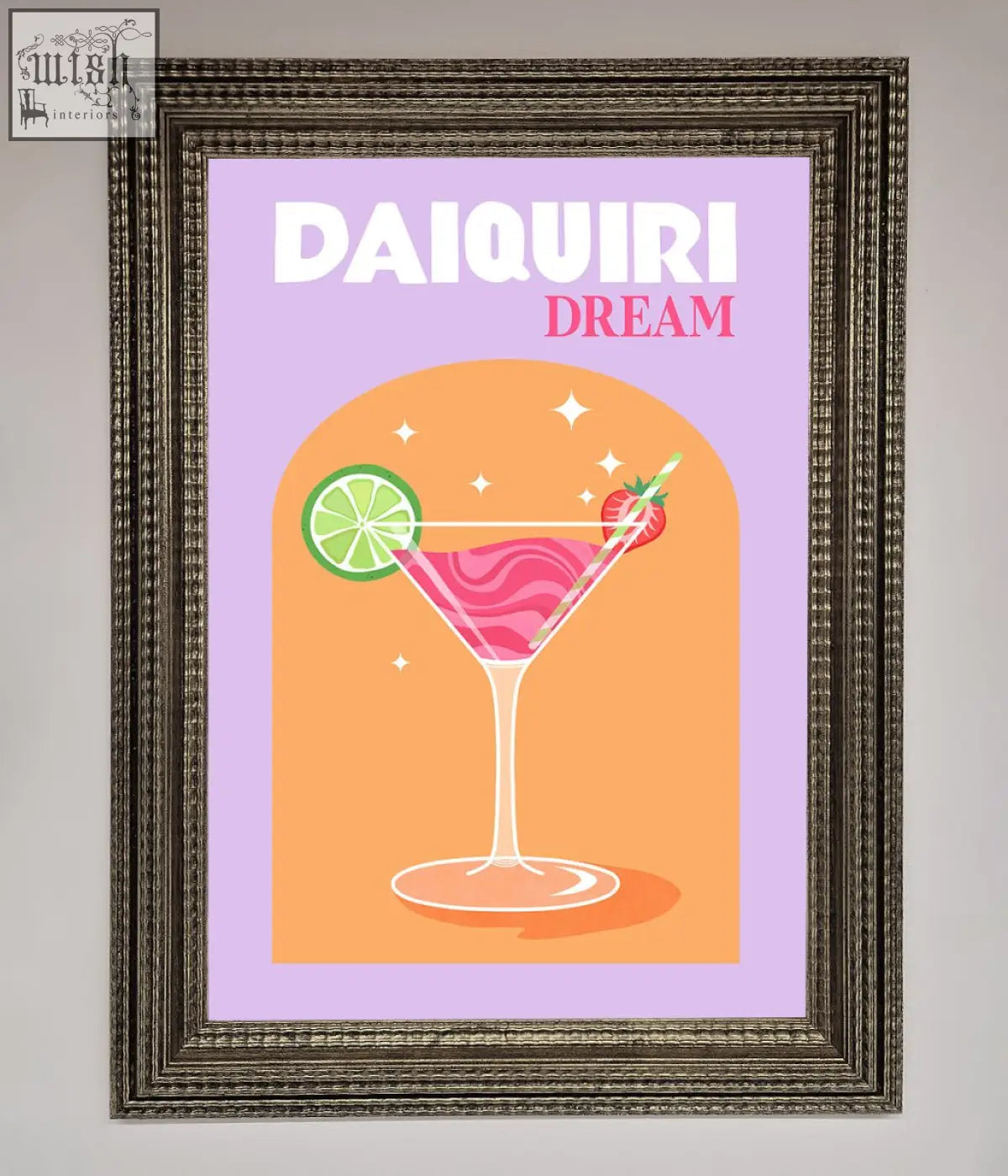 A strawberry daiquiri framed print showing a vibrant pink daiquiri with lime and strawberry on lavender background