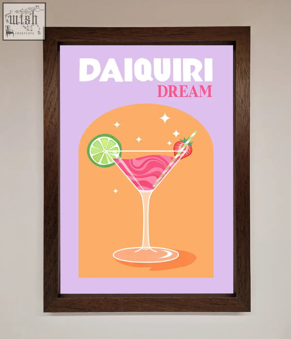 A strawberry daiquiri framed print featuring a vibrant pink daiquiri with lime and strawberry on a lavender background