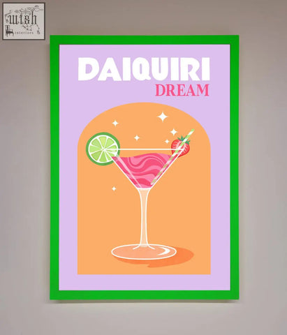 A vibrant green-framed strawberry daiquiri framed print with a pink daiquiri in a martini glass garnished with lime and strawberry