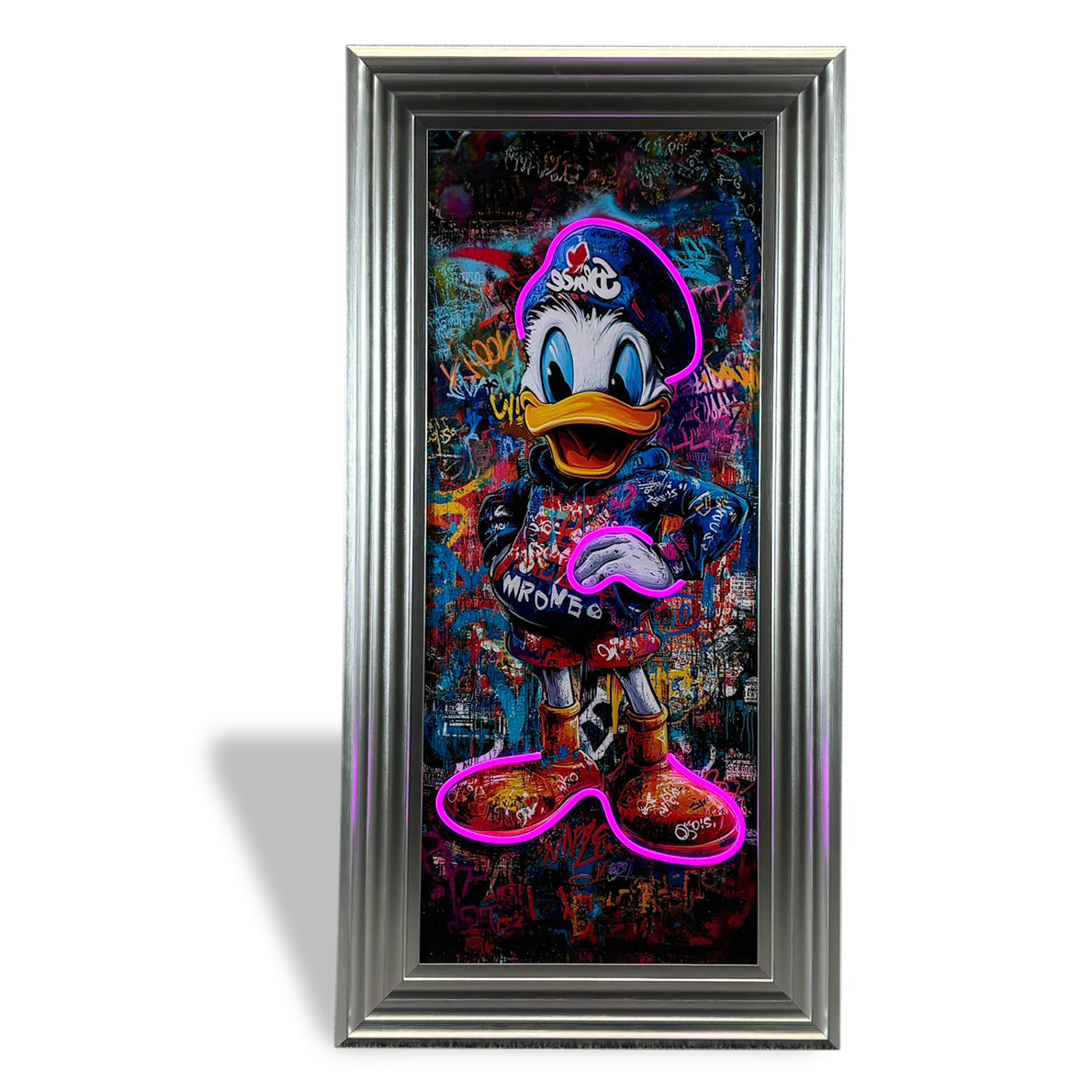 A vibrant streetwise donald graffiti artwork featuring donald duck in neon-pink hoodie and boots on colorful urban wall