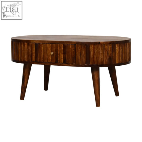 Dark brown stripe chestnut coffee table with a single drawer and tapered legs made from mango wood