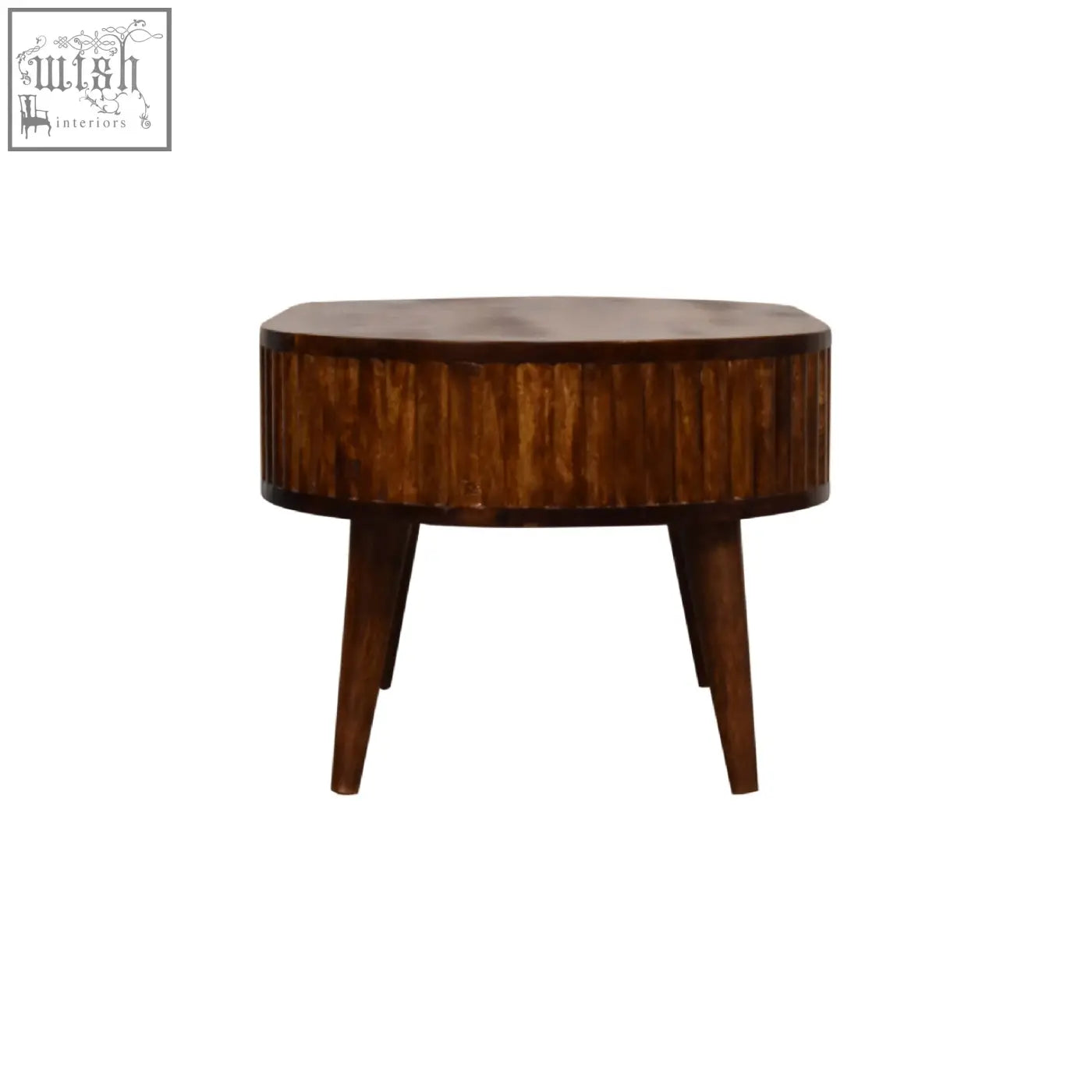 Dark brown stripe chestnut coffee table with round top and vertical slats made from mango wood with tapered legs