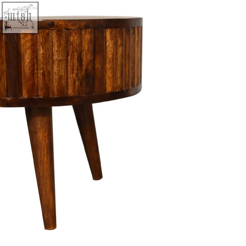 Rounded stripe chestnut coffee table with vertical slats and tapered legs in mango wood finish
