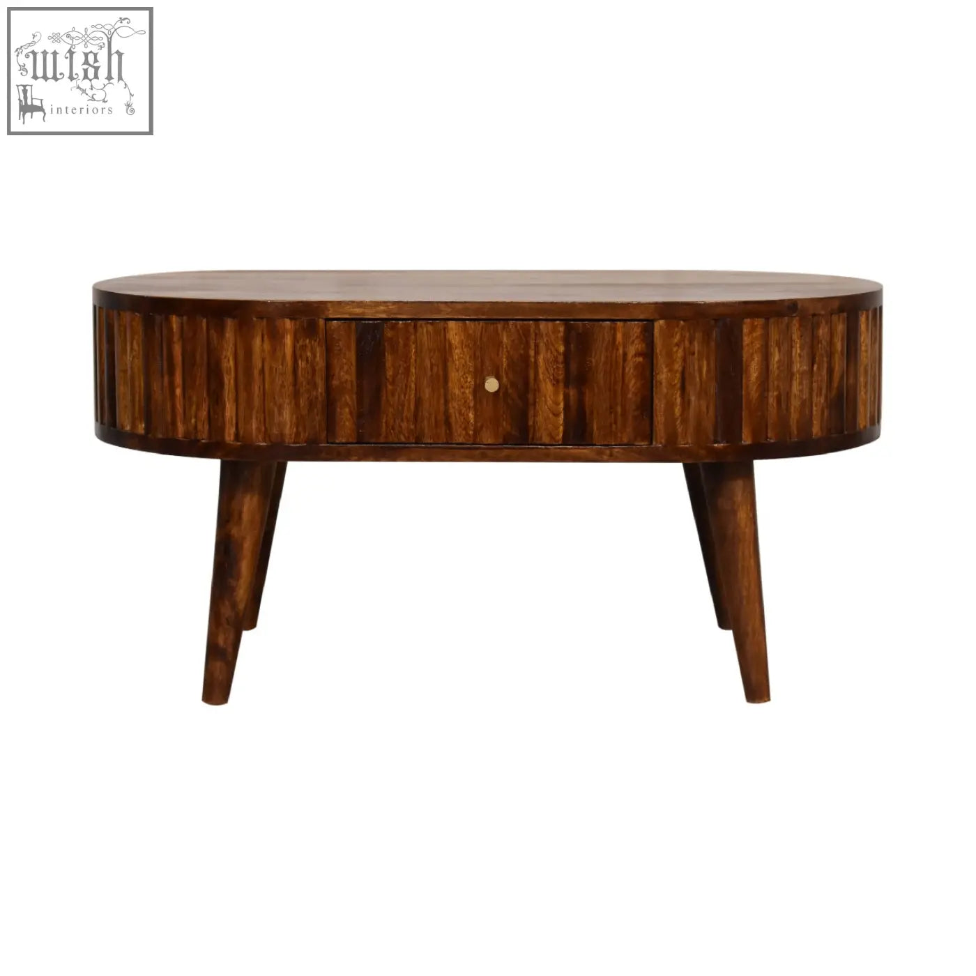 Stripe chestnut coffee table with rich brown mango wood finish and vertical slat detailing on tapered legs