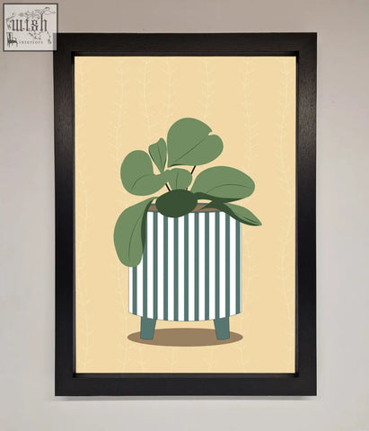 A framed wall art featuring a striped potted plant with broad green leaves in a white and teal pot