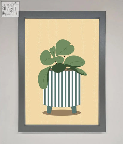 A framed wall art featuring a striped potted plant with broad green leaves in a white and teal planter