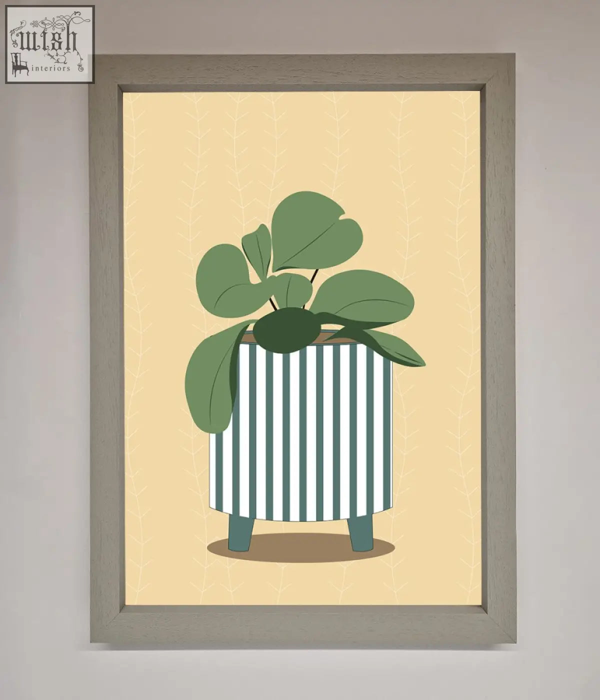 A framed wall art featuring a striped potted plant with broad green leaves in a white and teal pot