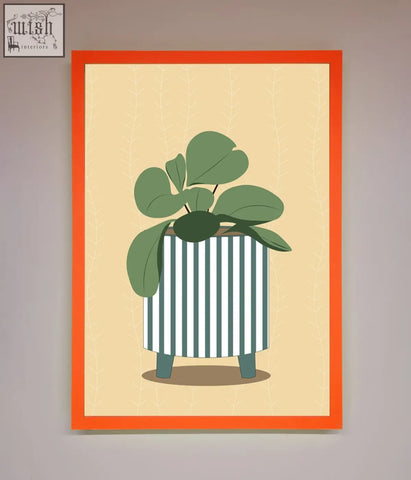 A framed wall art featuring a striped potted plant with broad green leaves in a white and teal pot on beige background