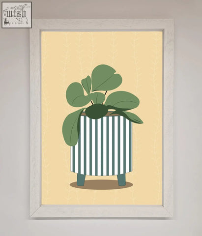 A framed wall art of a striped potted plant with broad green leaves in a white and teal planter
