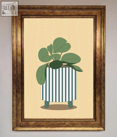 A framed wall art featuring a striped potted plant with broad green leaves in a white and teal pot