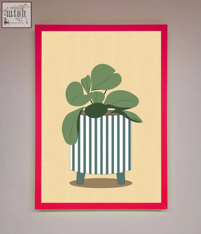 A vibrant wall art featuring a striped potted plant with broad green leaves in a white and teal pot framed in red